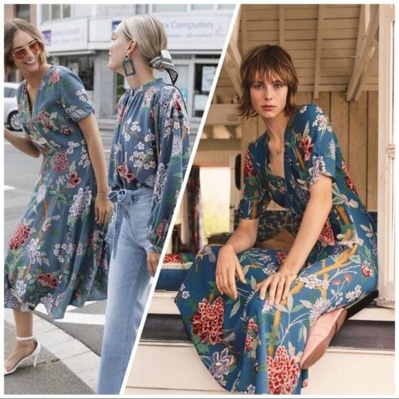 H&M Dresses & Skirts - GP & J BAKER × H&M Collab Floral Cottagecore Midi Wrap Dress Size 0 Blue Multi